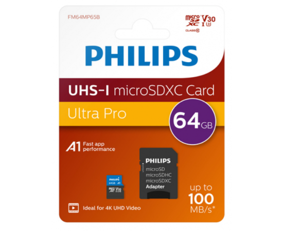 PHILIPS Ultra Pro microSDXC Classe 10 A1 V30 U3 UHS-I 4K + Adaptador - 64GB