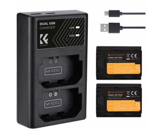 K&F CONCEPT Kit Carregador duplo + 2 baterias NP-FZ100