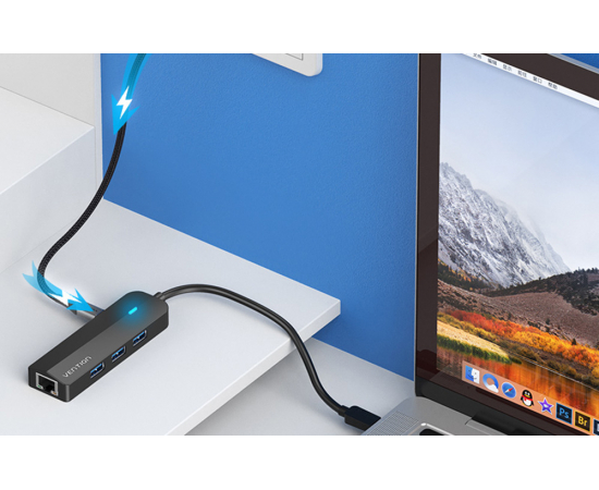 VENTION Hub USB-C para 3x USB 3.0/RJ45 - 0.15m