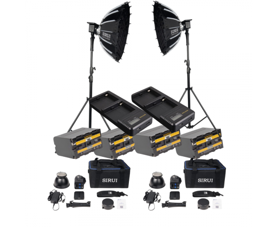 SIRUI Kit Duplo softbox + Iluminador Luz Fixa + Tripé de estúdio + 4 Baterias + 2 Carregadores