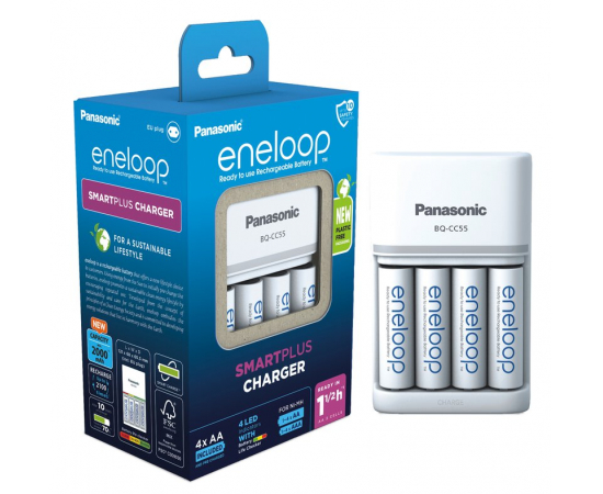 ENELOOP Plastic FREE Pro Carregador BQ-CC55 + 4 Pilhas AA 2000mAh - Branco