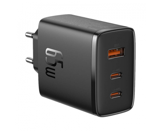 BASEUS Carregador Rápido c/ 1x Porta USB e 2x USB-C 65W (Preto)