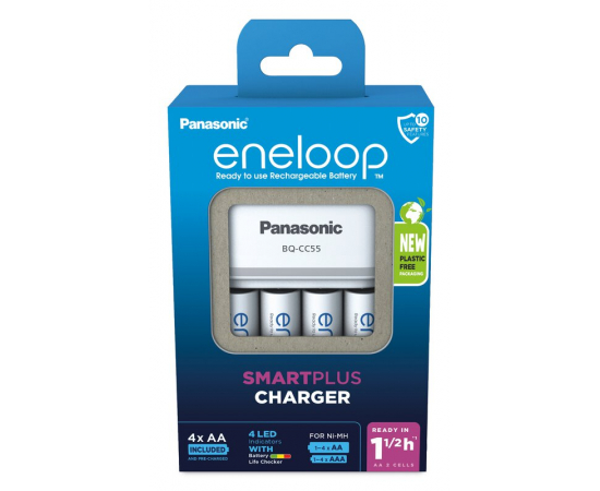 ENELOOP Plastic FREE Pro Carregador BQ-CC55 + 4 Pilhas AA 2000mAh - Branco