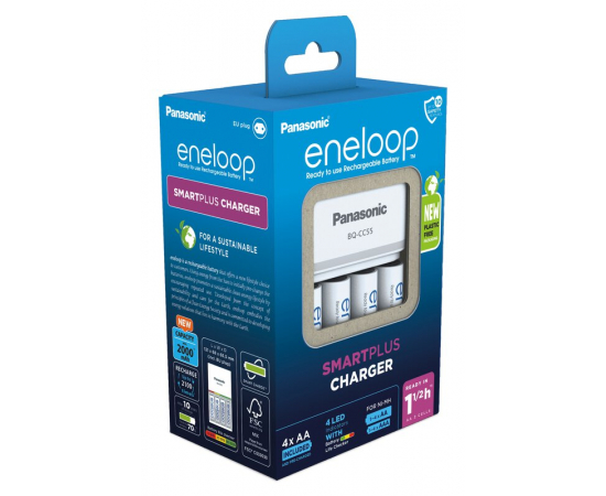 ENELOOP Plastic FREE Pro Carregador BQ-CC55 + 4 Pilhas AA 2000mAh - Branco