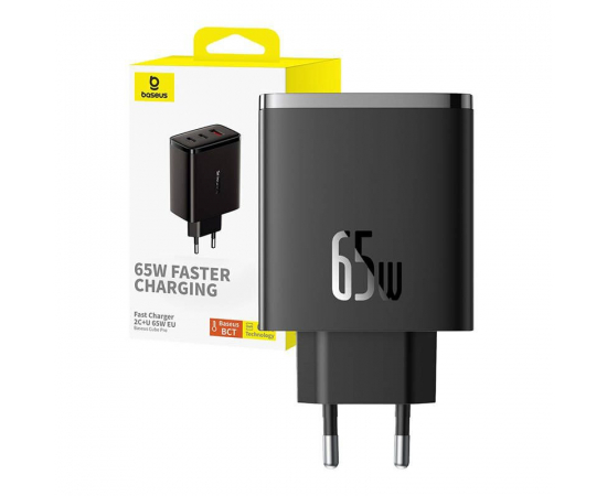 BASEUS Carregador Rápido c/ 1x Porta USB e 2x USB-C 65W (Preto)