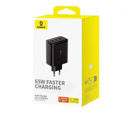 BASEUS Carregador Rápido c/ 1x Porta USB e 2x USB-C 65W (Preto)