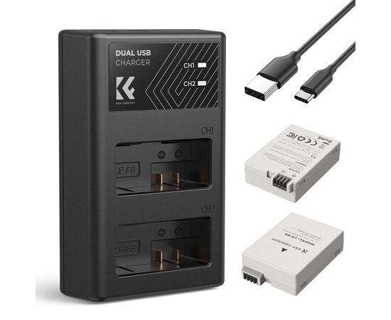 K&F CONCEPT Kit Carregador duplo + 2 baterias LP-E8