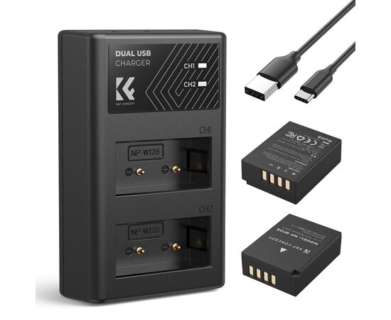 K&F CONCEPT Kit Carregador duplo + 2 baterias NP-W126S