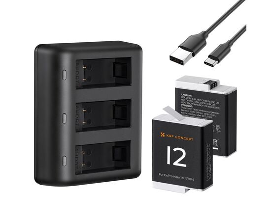 K&F CONCEPT Kit Carregador duplo + 2 baterias Gopro Hero 12/11/10/9