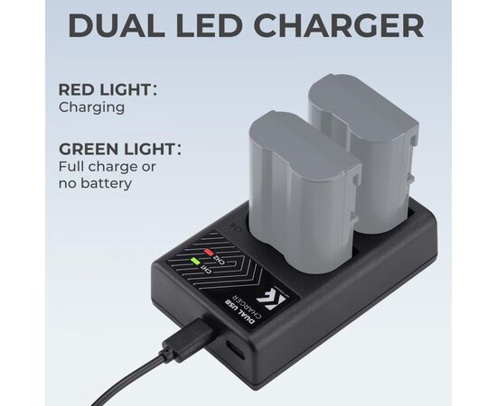 K&F CONCEPT Kit Carregador duplo + 2 baterias EN-EL15/EN-EL15a/EN-EL15b