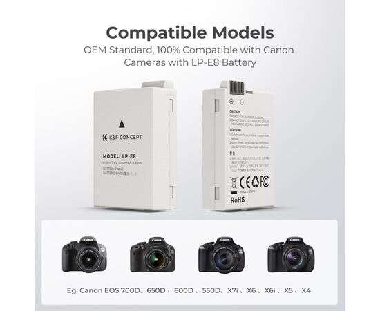 K&F CONCEPT Kit Carregador duplo + 2 baterias LP-E8
