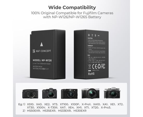 K&F CONCEPT Kit Carregador duplo + 2 baterias NP-W126S