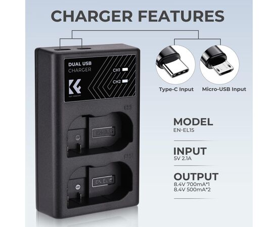 K&F CONCEPT Kit Carregador duplo + 2 baterias EN-EL15/EN-EL15a/EN-EL15b