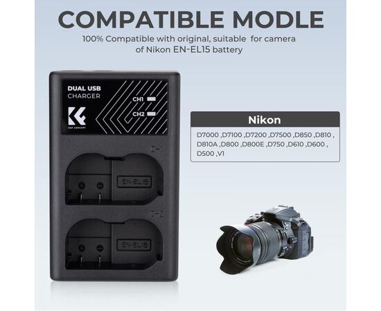K&F CONCEPT Kit Carregador duplo + 2 baterias EN-EL15/EN-EL15a/EN-EL15b