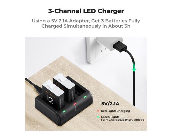 K&F CONCEPT Kit Carregador duplo + 2 baterias Gopro Hero 12/11/10/9