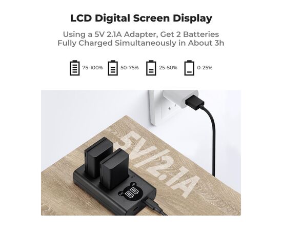 K&F CONCEPT Kit Carregador duplo + 2 baterias EN-EL25