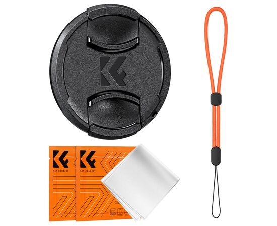 K&F Concept Kit 4 em 1 Tampa de Lente Frontal 49mm + Correia + 2 Panos de Limpeza