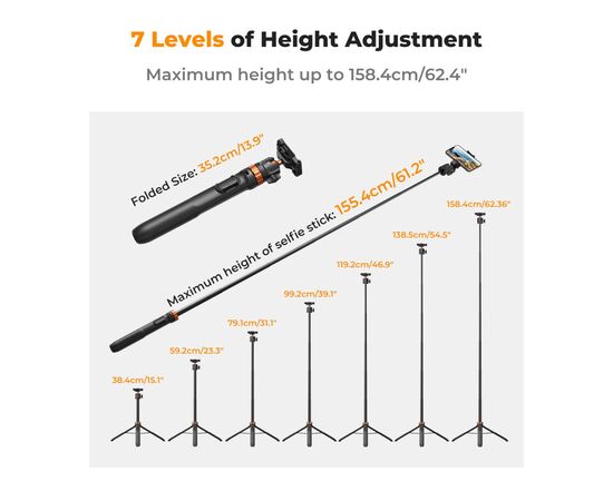 K&F CONCEPT Tripé com Selfie Stick 2 em 1 com Controle Remoto