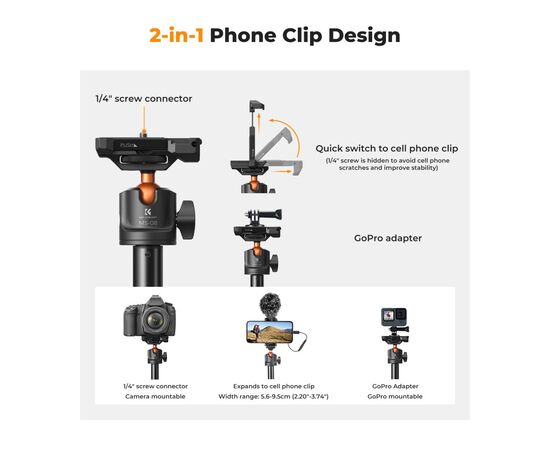 K&F CONCEPT Tripé com Selfie Stick 2 em 1 com Controle Remoto
