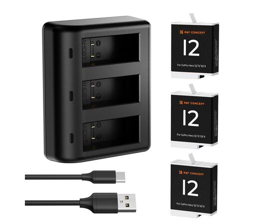 K&F CONCEPT Kit 3 Baterias Gopro Hero + Carregador Triplo