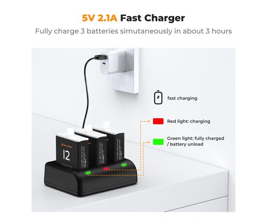 K&F CONCEPT Kit 3 Baterias Gopro Hero + Carregador Triplo
