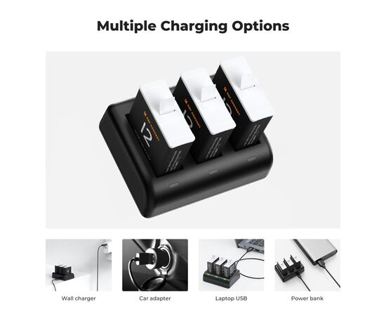 K&F CONCEPT Kit 3 Baterias Gopro Hero + Carregador Triplo