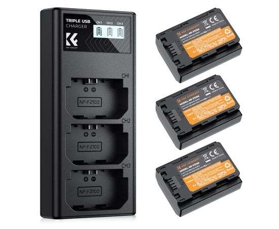K&F CONCEPT Kit 3 Baterias NP-FZ100 2280mAh com Carregador triplo