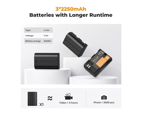 K&F CONCEPT Kit 3 Baterias LP-E6 2250mAh com Carregador triplo