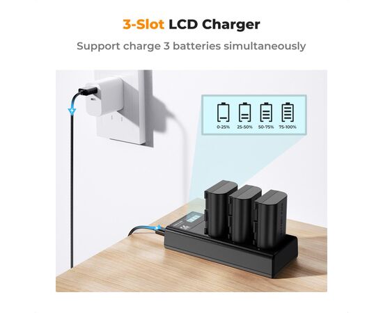 K&F CONCEPT Kit 3 Baterias LP-E6 2250mAh com Carregador triplo