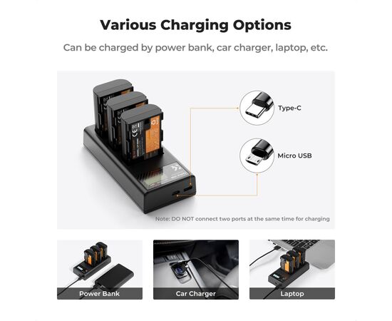 K&F CONCEPT Kit 3 Baterias LP-E6 2250mAh com Carregador triplo