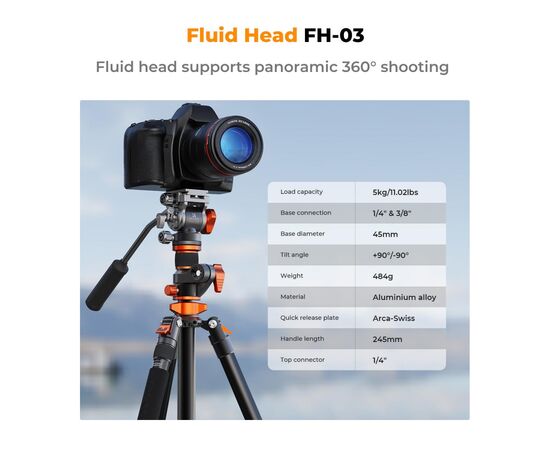 K&F CONCEPT Tripé de Vídeo K254A7 + Cabeça Fluida FH-03