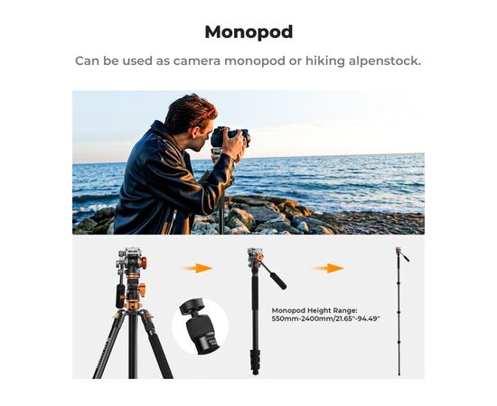 K&F CONCEPT Tripé de Vídeo K254A7 + Cabeça Fluida FH-03