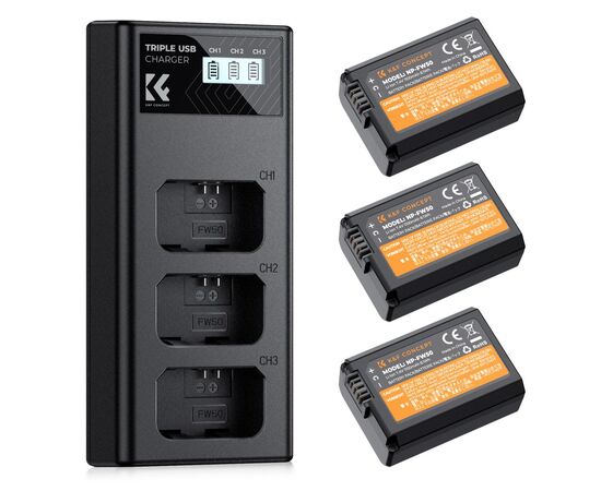 K&F CONCEPT Kit 3 Baterias NP-FW50 1100mAh com Carregador Triplo