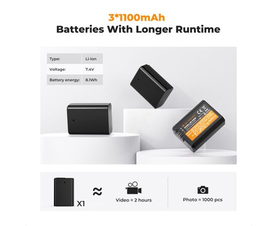 K&F CONCEPT Kit 3 Baterias NP-FW50 1100mAh com Carregador Triplo