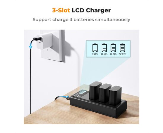 K&F CONCEPT Kit 3 Baterias NP-FW50 1100mAh com Carregador Triplo