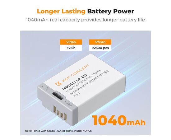 K&F CONCEPT Bateria com Carregamento USB-C LP-E17 1040mAh