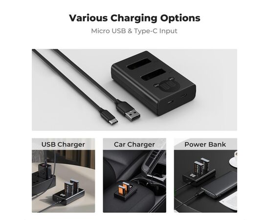 K&F CONCEPT Kit Carregador Duplo + 2 Baterias NB-13L 1250mAh