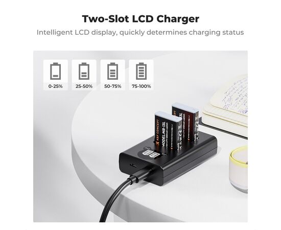 K&F CONCEPT Kit Carregador Duplo + 2 Baterias NB-13L 1250mAh