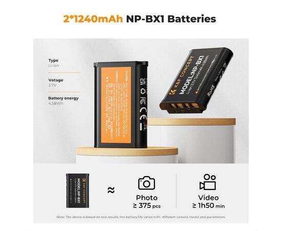 K&F CONCEPT Kit 2 Baterias NP-BX1 1240mAh com Carregador Duplo