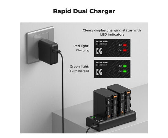 K&F CONCEPT Kit Carregador Duplo + 2 Baterias NP-F970 6600mAh