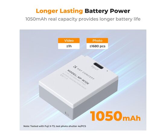 K&F CONCEPT Bateria com Carregamento USB-C NP-W126S 1050mAh