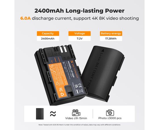 K&F CONCEPT Kit Carregador Duplo + 2 Baterias LP-E6P 2400mAh