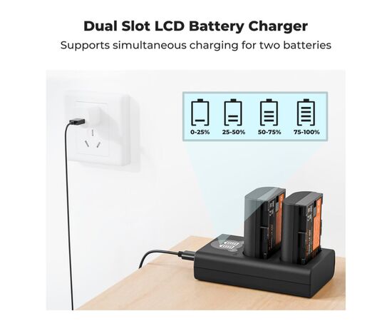 K&F CONCEPT Kit Carregador Duplo + 2 Baterias LP-E6P 2400mAh