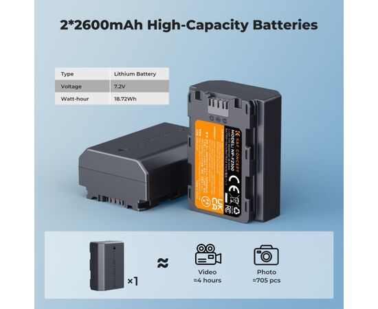 K&F CONCEPT Kit 2 Baterias NP-FZ100 2600mAh com Carregador Duplo
