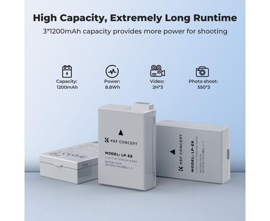 K&F CONCEPT Kit 3 Baterias  LP-E8 1200mAh com Carregador Triplo