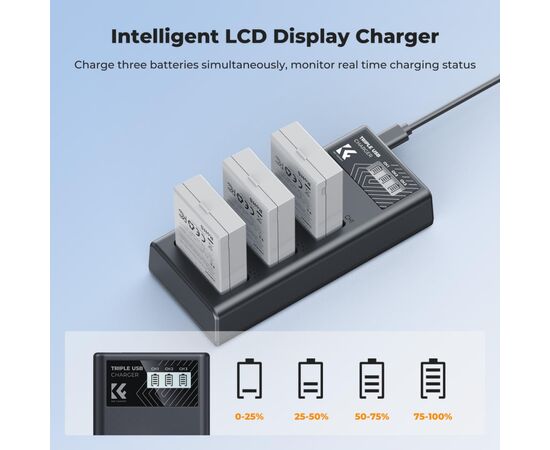 K&F CONCEPT Kit 3 Baterias  LP-E8 1200mAh com Carregador Triplo