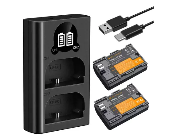 K&F CONCEPT Kit Carregador Duplo + 2 Baterias LP-E6P 2400mAh