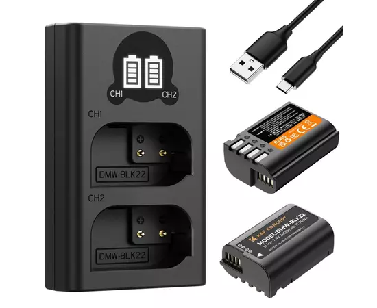 K&F CONCEPT Kit Carregador Duplo + 2 Baterias DMW-BLK22 2400mAh