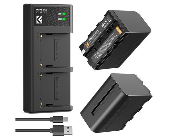 K&F CONCEPT Kit Carregador Duplo + 2 Baterias NP-F970 6600mAh