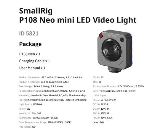 SMALLRIG 5821 Iluminador LED P108 Neo Mini - RGB
